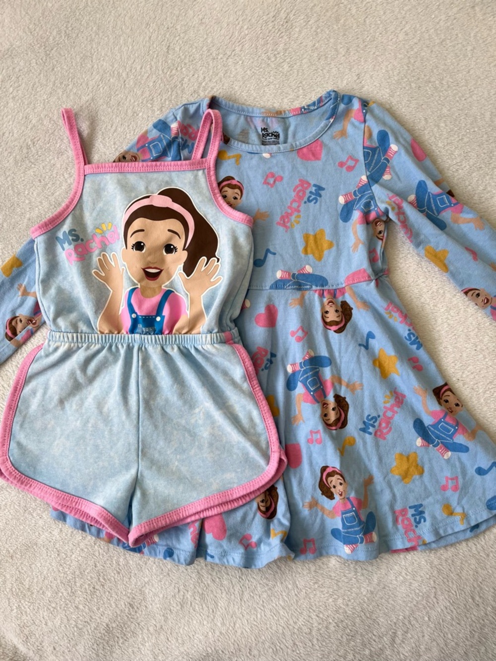 Ms Rachel Set– Blue & Pink Girls Dress & Romper with Character Print